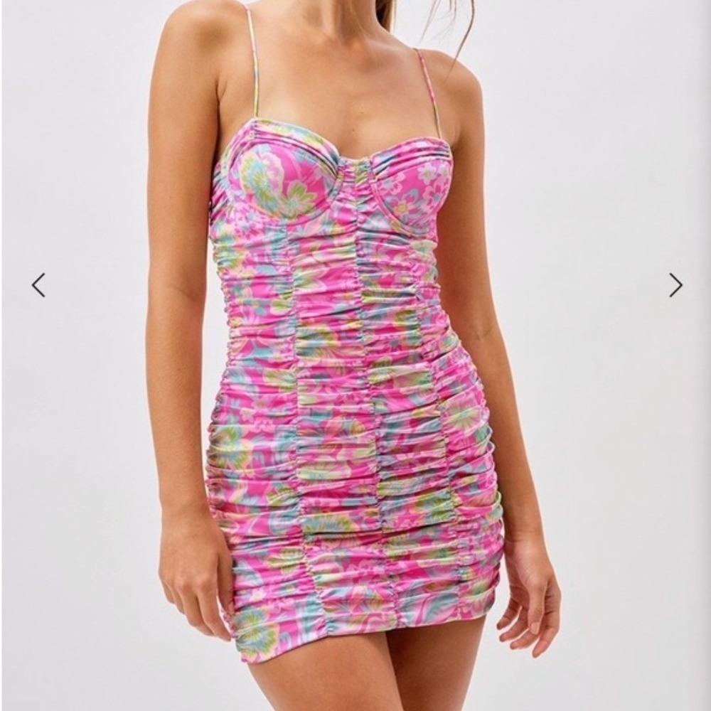 For Love and Lemons Julien Cami Mini Dress XS Pink Floral Ruched Bodycon Cutout